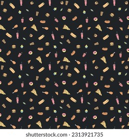 Seamless fast food pattern. fast food background. Doodle fastfood icons. Drawn food pattern