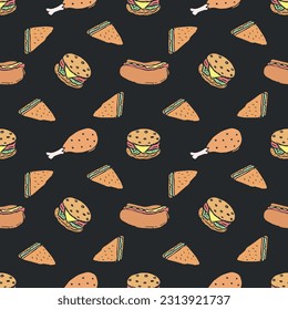 Seamless fast food pattern. fast food background. Doodle fastfood icons. Drawn food pattern