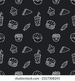 Seamless fast food pattern. fast food background. Doodle fastfood icons. Drawn food pattern