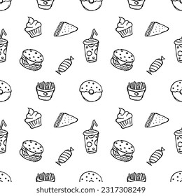 Seamless fast food pattern. fast food background. Doodle fastfood icons. Drawn food pattern