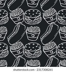 Seamless fast food pattern. fast food background. Doodle fastfood icons. Drawn food pattern