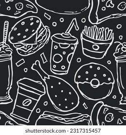 Seamless fast food pattern. fast food background. Doodle fastfood icons. Drawn food pattern