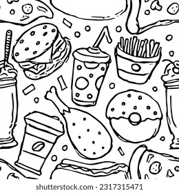 Seamless fast food pattern. fast food background. Doodle fastfood icons. Drawn food pattern