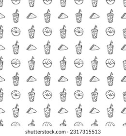 Nahtlose Fastfood-Muster. Fast-Food-Hintergrund. Ikonen von Nüchterndoodle. Drachenmuster