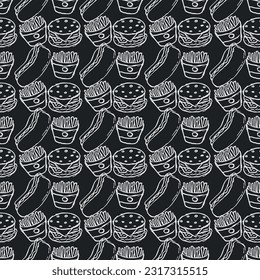 Seamless fast food pattern. fast food background. Doodle fastfood icons. Drawn food pattern