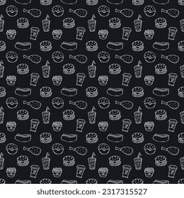 Seamless fast food pattern. fast food background. Doodle fastfood icons. Drawn food pattern