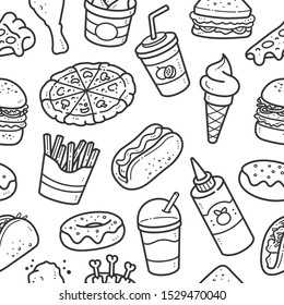 Seamless fast food pattern, Black and white repeating doodle vector fast food background.