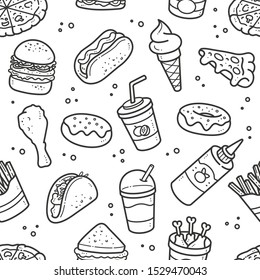Seamless fast food pattern, Black and white repeating doodle vector fast food background.