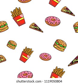 Seamless fast food pattern with burger donat pizza frenchfries. Vector fast food pattern.