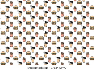 Patrón inconsútil de la comida rápida con la hamburguesa, las patatas fritas y los iconos de la bebida en fondo negro