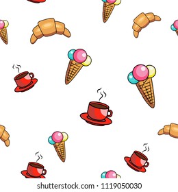 Seamless fast food pattern with coffee croissant icecream. Vector fast food pattern.