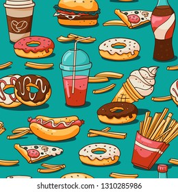 Seamless fast food pattern. Cute doodle hand drawn elements: donuts, fries, burger, pizza and coffee. Cute vector cartoon backdrop for fabric, wrapping paper. Cafe menu background.