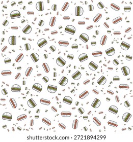 Patrón de comida rápida sin fisuras: lindas hamburguesas de dibujos animados y perritos calientes que repiten la textura de fondo. Ilustración vectorial divertida para menús y Diseño web.