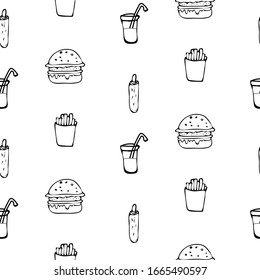 Nahtlose Fast-Food-Muster, Doodle-Vektorillustration, Fast-Food-Hintergrund. Handziehmuster