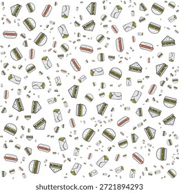 Patrón de comida rápida sin fisuras: Fondo de Vector estilo Doodle con hamburguesas, perros calientes, sándwiches y envolturas en blanco.