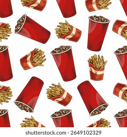 Seamless fast food pattern with fizzy drinks in red paper cups and French fries in striped containers. Hand drawn colorful vintage sketch on white background. Great for packaging, wrapping