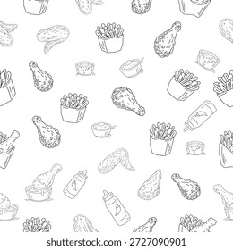 Seamless Fast Food Pattern Line Art. Chicken Fries and Sauce Doodle Background. Hand Drawn Street Food Sketch Repeating Texture. Minimal Black and White Food Illustration.
