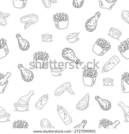 Seamless Fast Food Pattern Line Art. Chicken Fries and Sauce Doodle Background. Hand Drawn Street Food Sketch Repeating Texture. Minimal Black and White Food Illustration.