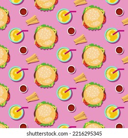 Seamless fast food pattern on a pink background. Appetizing vector illustrations of burger, french fries, orange juice, tomato sauce. Simple fast food illustrations for packaging design, postcards.