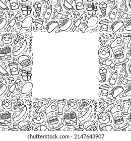 Seamless fast food pattern with place for text. Doodle vector with fast food icons on white background. Vintage fast food illustration, sweet elements background for your project, menu, cafe shop
