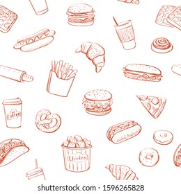 Seamless fast food pattern. Red sketches on a white background
