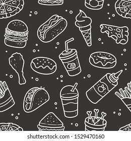 Seamless fast food pattern, Repeating doodle vector fast food background drawn over chalkboard.