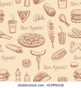 Seamless fast food pattern of the sketches . Isolated objects on a beige background