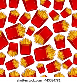 Seamless fast food potato vegetable snacks pattern of crispy wavy french fries in takeaway red paper boxes. Scrapbook page backdrop or food packaging design usage