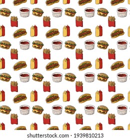 Seamless fast food-themed pattern. French fries, hot dog, Hot dog, ketchup, hamburger. Print for fabric, postcards, posters.
