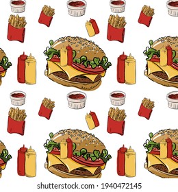 Seamless Fast Food-themed Pattern. French Fries, Doughnut, Sausage Roll, Hot Dog. Hamburger, Diner. Print For Fabric, Packaging, Label, Poster, Print. Hand Draw.  