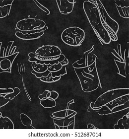 Seamless fastfood black and white vector pattern. Chalk hand drawn burgers, coffee, sausages, cupcakes, soda, onion rings, fries, spoon, fox and tomato on blackboard background.