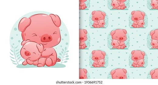 The seamless of the fat pig sitting with the baby pig the beautiful background of illustration