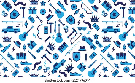 Seamless Father's Day Pattern with crown, star, shield, guitar, hat, etc. You can use this as a background or wallpaper.