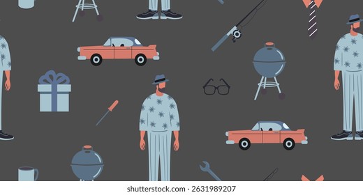 seamless father's day pattern with dad car tools and grill on gray background flat art
