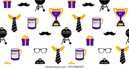 Seamless Father's Day pattern for man with prizes, gifts, mugs, mustache, glasses ties and grill in modern playful design on white background for web decor textile