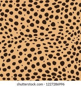 Seamless Faux Cheetah Skin Pattern with dark spots on light brown background. Vector illustration cheetah skin repeat surface pattern.