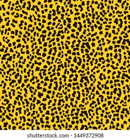 Seamless Faux Leopard Print Pattern With Black Spots On Yellow Background. Vector EPS10 Animal Repeat Surface Pattern. Punk Rock 80s Style Fashion Pattern.