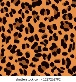 Seamless Faux Leopard Skin Pattern with black spots on dark brown background.  Vector illustration animal repeat surface pattern.