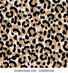 Seamless Faux Leopard Skin Pattern with black and brown spots. Hand painted leopard print. Vector illustration animal repeat surface pattern.