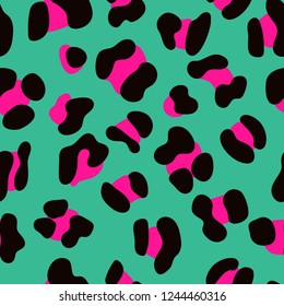 Seamless Faux Leopard Skin Pattern with pink spots on green background. Vector illustration animal repeat surface pattern. Eighties/80s style pattern.