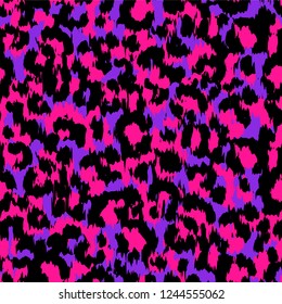 Seamless Faux Leopard Skin Pattern with bright pink and purple spots. Vector illustration animal print style pattern. Camouflage repeat surface pattern. Eighties/80s style pattern.