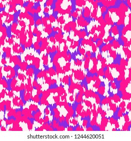 Seamless Faux Leopard Skin Pattern with white, pink and purple spots. Vector illustration animal print style pattern. Camouflage repeat surface pattern.