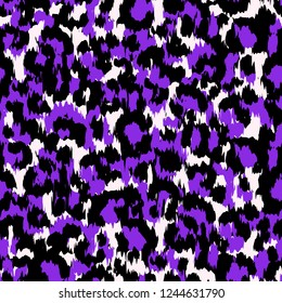 Seamless Faux Leopard Skin Pattern with purple and black spots. Vector illustration animal print style pattern. Camouflage repeat surface pattern.