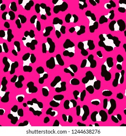 Seamless Faux Leopard Skin Pattern with white and black spots on neon pink background. Vector illustration animal repeat surface pattern.