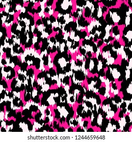 Seamless Faux Leopard Skin Pattern with black and white spots on neon pink background. Vector illustration animal print style pattern. Camouflage repeat surface pattern.