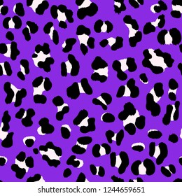 Seamless Faux Leopard Skin Pattern with black and white spots on purple background. Vector illustration abstract animal repeat surface pattern.