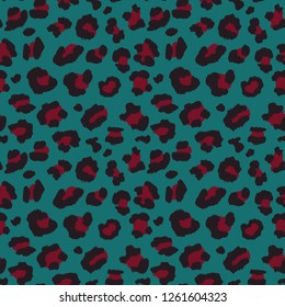 Seamless Faux Leopard Skin Pattern with black and red spots on dark green background. Vector illustration animal repeat surface pattern.