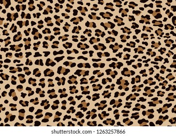 Seamless Faux Leopard Skin Pattern with black and brown spots on brown background. Vector illustration animal repeat surface pattern.