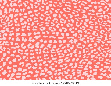 Seamless Faux Leopard Skin Pattern with pink spots on living coral background. Vector illustration animal repeat surface pattern. 