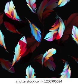 Seamless feather background pattern. Abstract elements on dark red and black. Art for textile, fabric and other prints purpose. Hand drawn artwork, vector - stock.